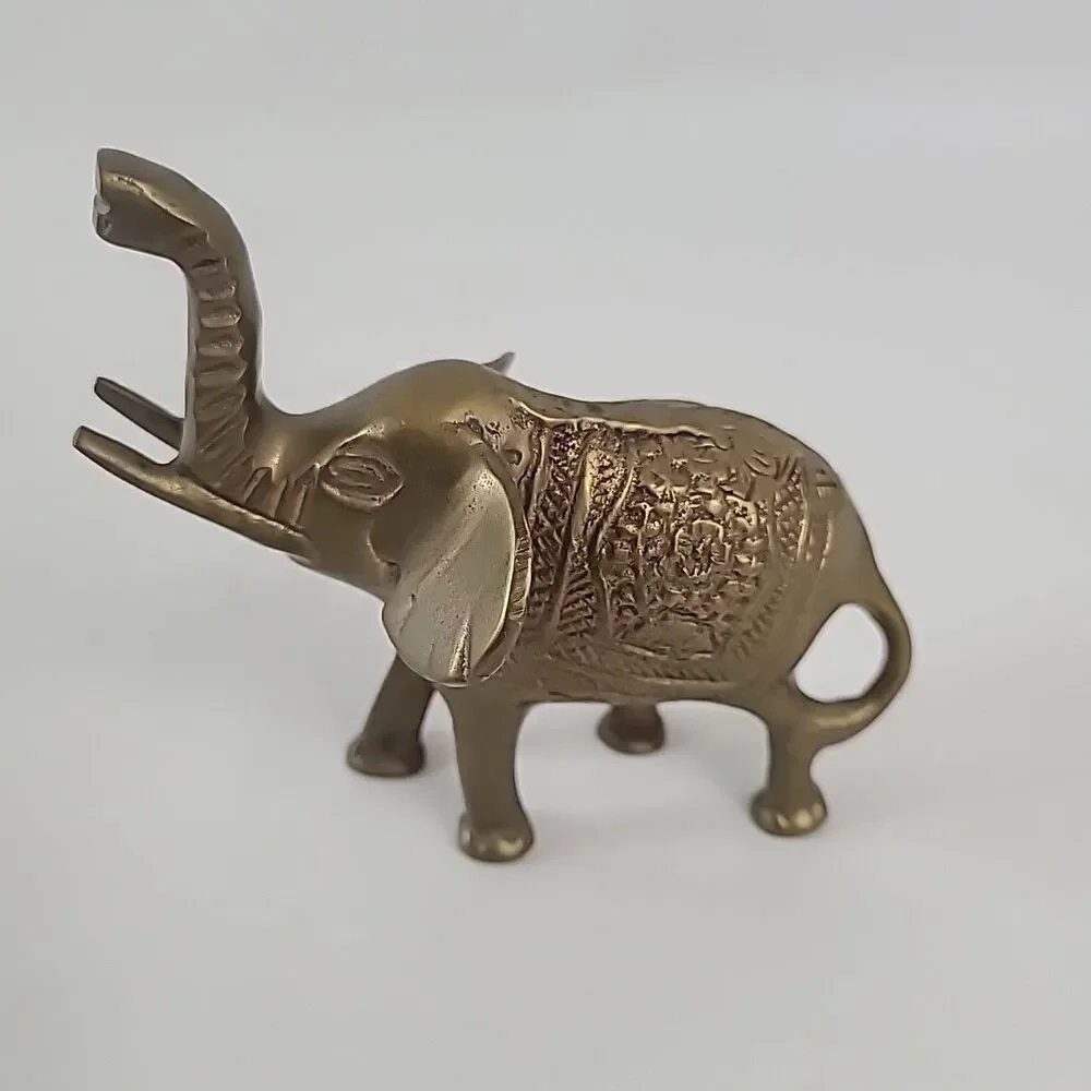 Vintage Solid Brass Elephant Figurines Pair Trunk Up Mid Century Decor